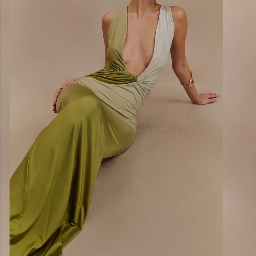 Meshki Stella Draped Slinky Two-Tone Olive Green & Cream Plunge Maxi Dress